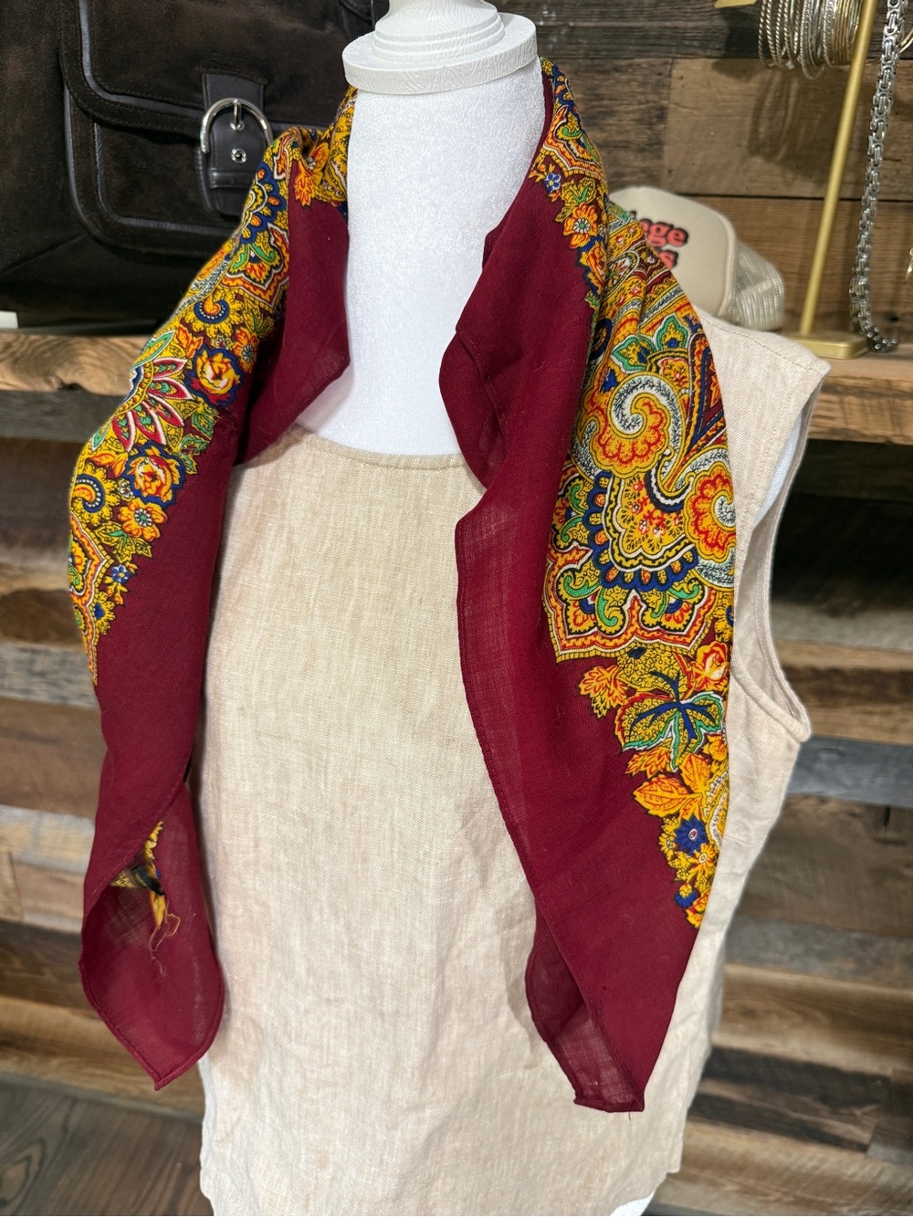 Vintage Paisley Border wool Scarf in Burgundy and Gold